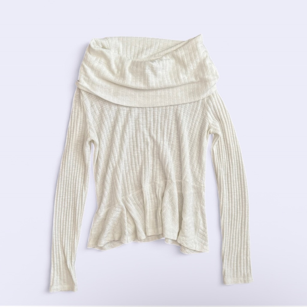 Maeve Anthropologie White Ribbed Shirt Top Flowy Asymmetric Ruffle Hem M